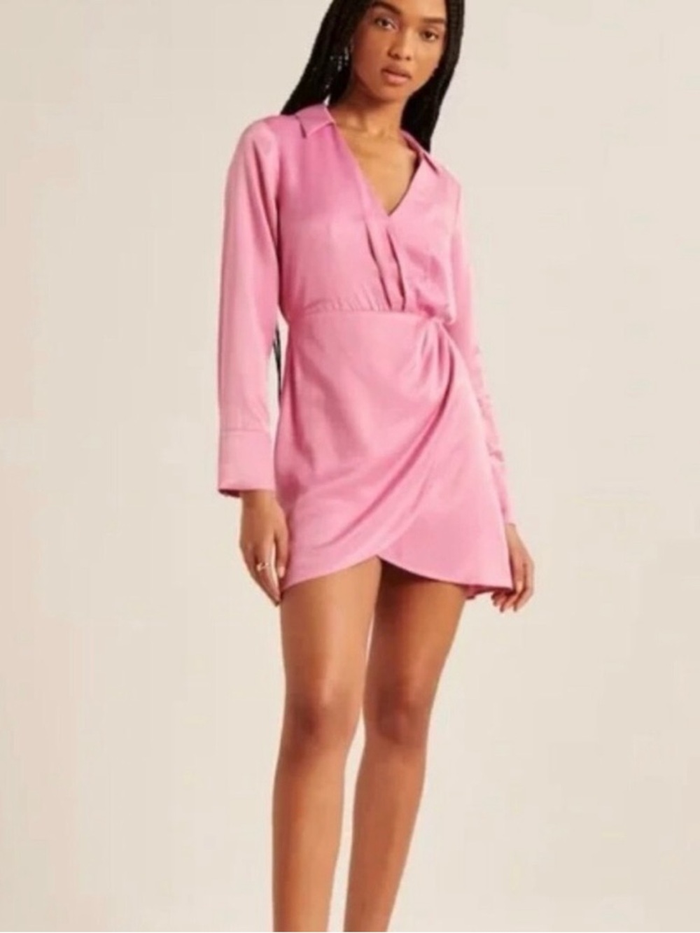 Abercrombie & Fitch Women’s Pink Satin Mini Shirt Long Sleeve Dress Sz L Tall